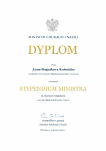 Dyplom stypendium Ministra_A Kośmider. Kliknij, aby powiększyć zdjęcie.